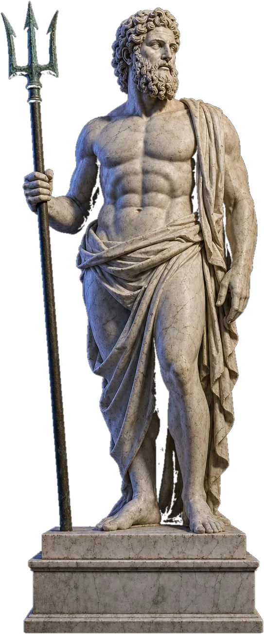 Marmorstatue des Meeresgottes Poseidon mit Dreizack auf einem Sockel