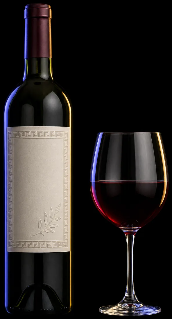 Flasche griechischer Rotwein neben einem gefüllten Glas